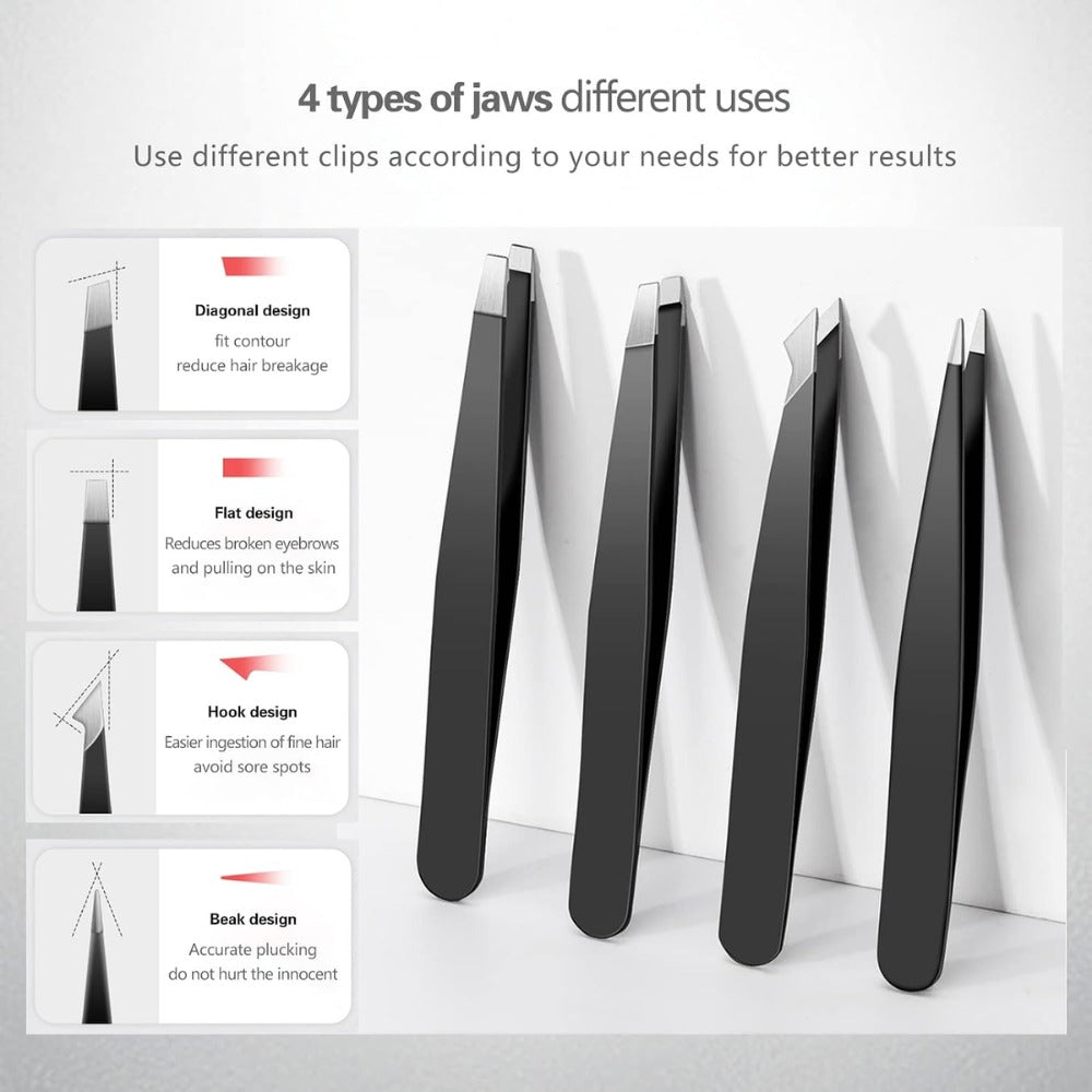 4-Piece Steel Tweezers Set, Precision Eyebrow & Hair Removal Tools